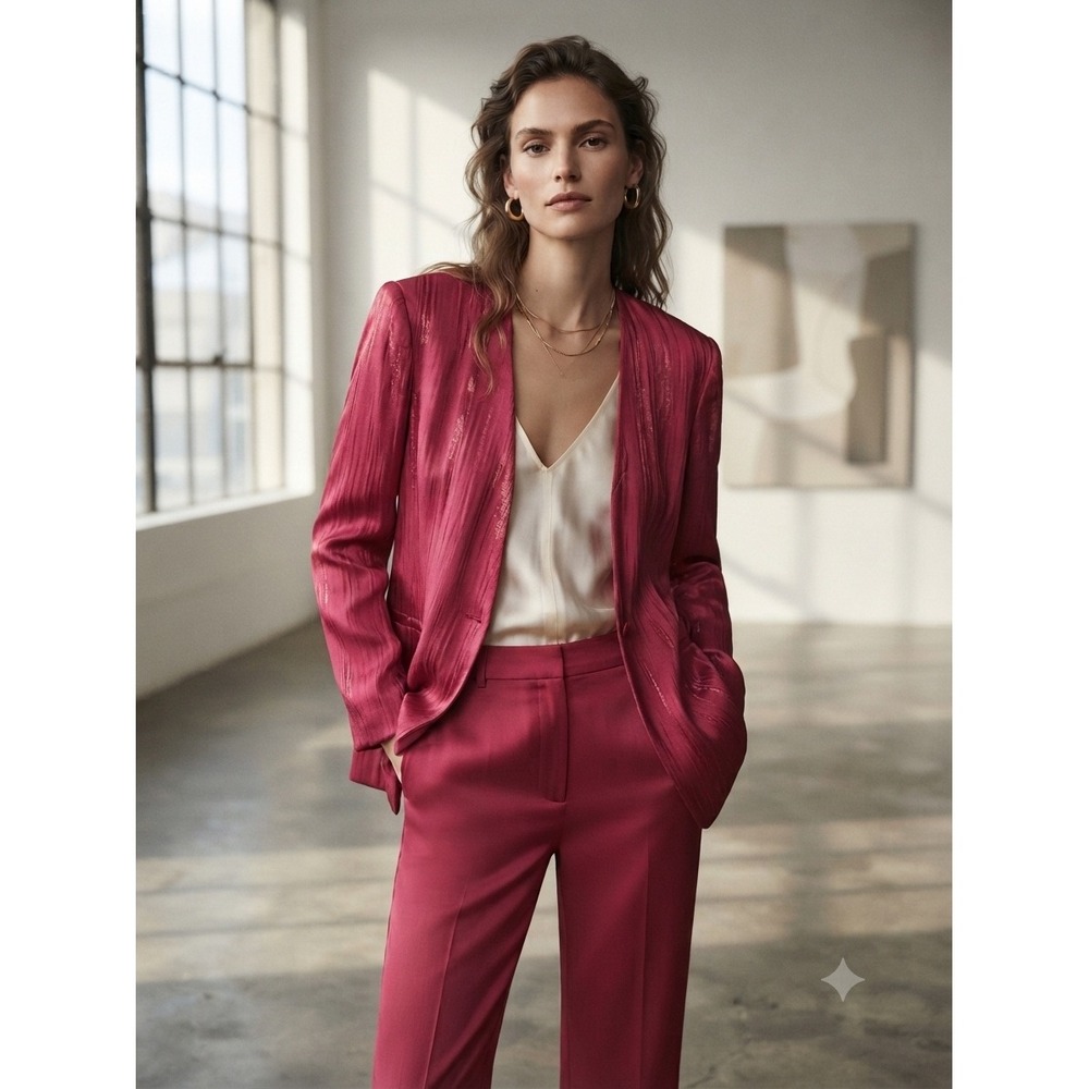 Zara Fuchsia Pink Metallic Crinkle Blazer Jacket Open Front XL NEW